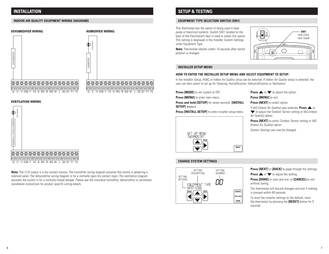 Aprilaire 8620 Setup & Testing, Equipment Type Selection Switch SW1, Ventilation Wiring, Change System Settings 