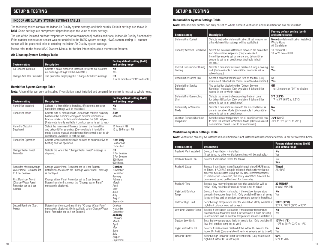 Aprilaire 8620 installation instructions Indoor Air Quality System SettingS Tables, Air Cleaning System Settings Table 