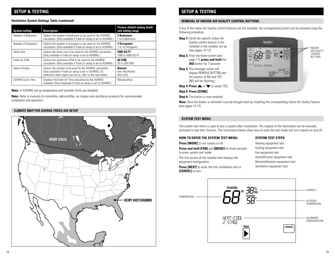 Aprilaire 8620 installation instructions Climate MAP for Ashrae Fresh AIR Setup, System Test Steps 