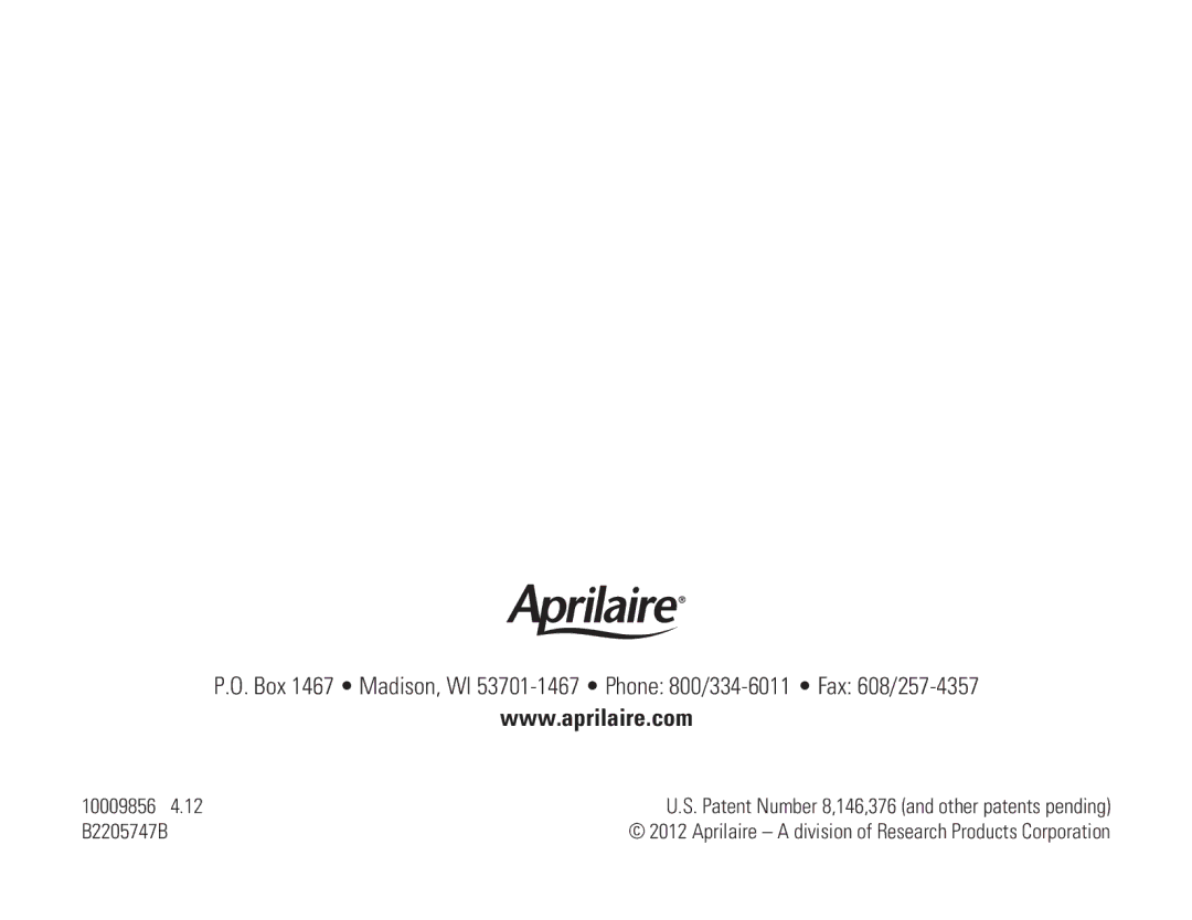 Aprilaire 8620 owner manual 10009856 