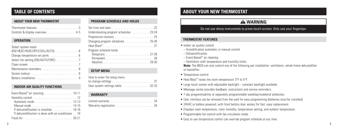 Aprilaire 8620 owner manual Table of contents, About your new Thermostat 