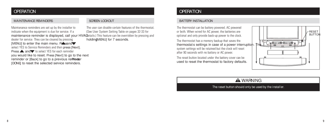 Aprilaire 8620 owner manual Battery installation, Reset button should only be used by the installer 