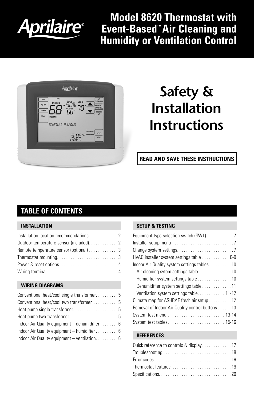 Aprilaire 8620 installation instructions Table of contents, Installation, Setup & Testing, Wiring Diagrams, References 