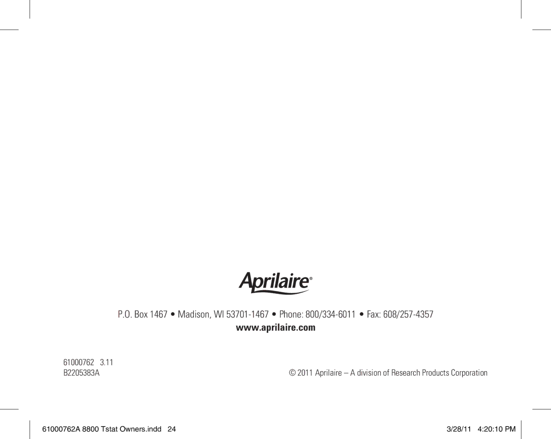 Aprilaire 8800 UNIVERSAL owner manual Aprilaire a division of Research Products Corporation 