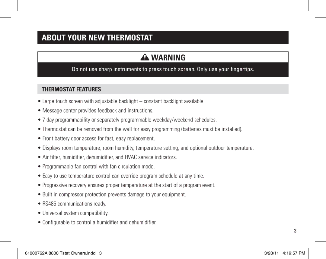 Aprilaire 8800 UNIVERSAL owner manual About your new thermostat, Thermostat Features 