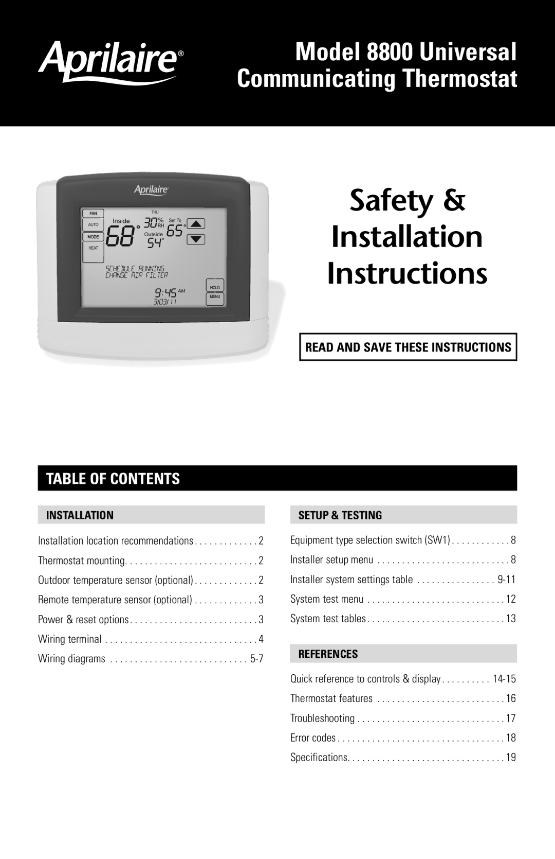 Aprilaire 8800 installation instructions Table of contents 