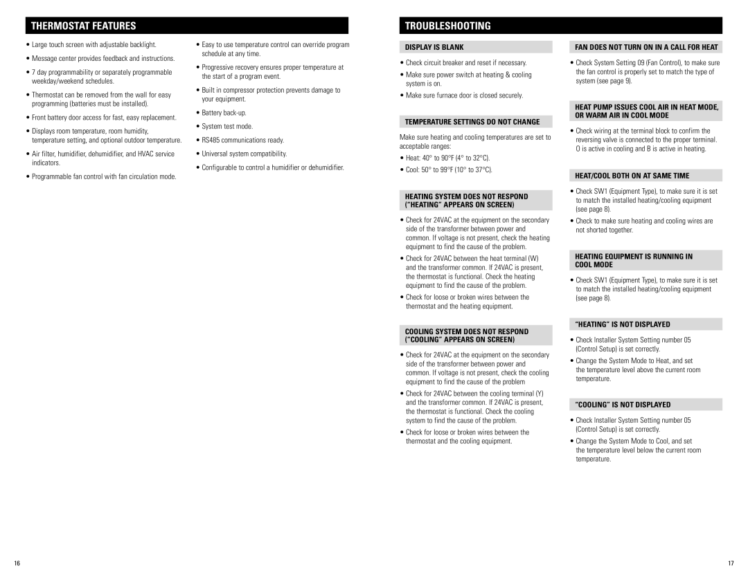 Aprilaire 8800 installation instructions Thermostat Features, Troubleshooting 