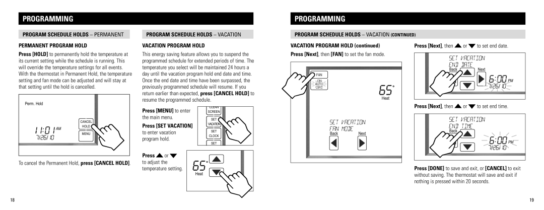 Aprilaire 8800 Program schedule holds permanent Permanent program hold, Press Menu to enter, Main menu, To set end date 