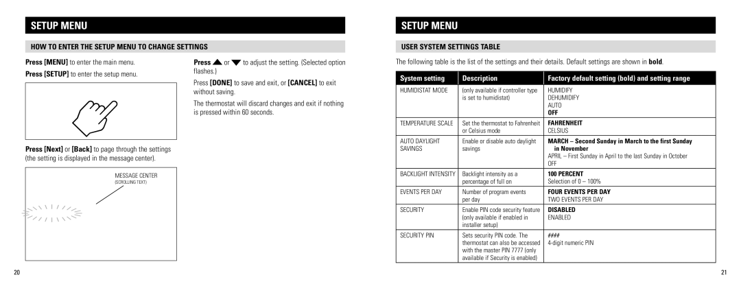 Aprilaire 8800 Setup Menu, How to enter the setup menu to change settings, User system settings table, November 