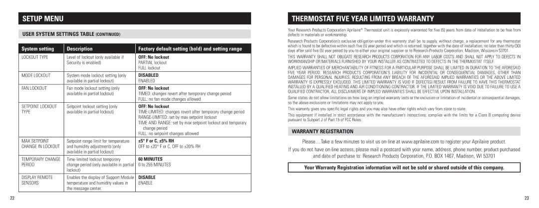 Aprilaire 8800 owner manual Thermostat Five Year Limited Warranty, Warranty Registration, OFF No lockout, ±5 F or C, ±5% RH 