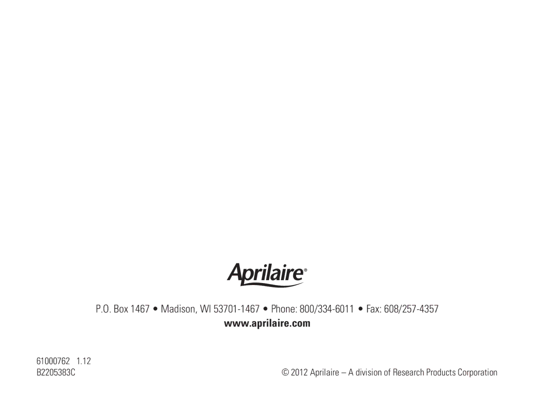 Aprilaire 8800 owner manual Aprilaire a division of Research Products Corporation 