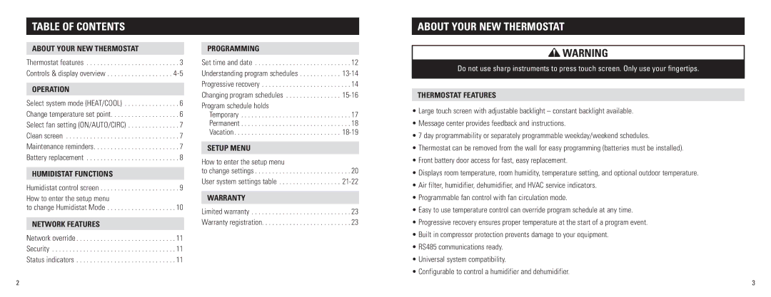 Aprilaire 8800 owner manual Table of contents 