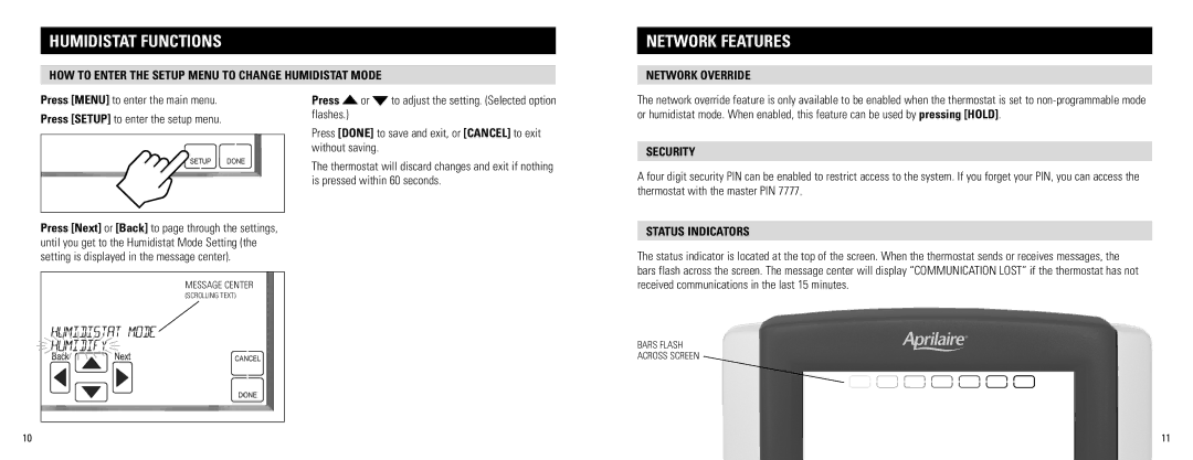 Aprilaire 8800 Network Features, How to enter the setup menu to change Humidistat Mode, Network Override, Security 