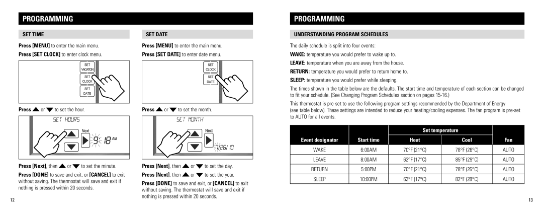 Aprilaire 8800 owner manual Programming, Set temperature, Start time 