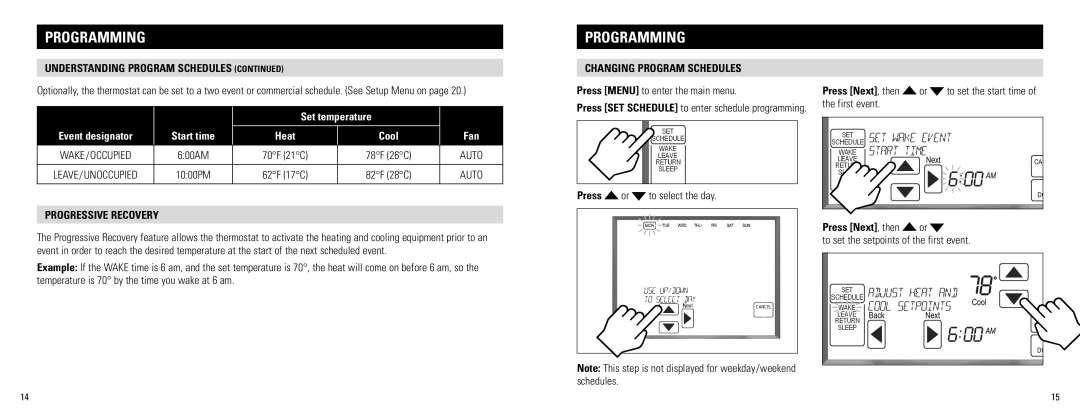 Aprilaire 8800 owner manual Progressive recovery, Changing program schedules, Press Next, then or 