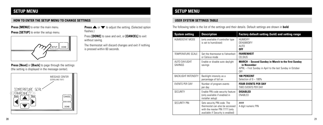 Aprilaire 8800 Setup Menu, How to enter the setup menu to change settings, User system settings table, System setting 