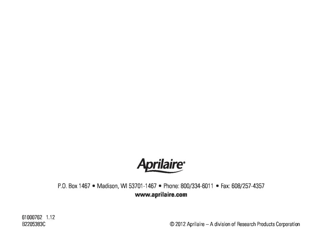 Aprilaire 8800 owner manual Aprilaire - A division of Research Products Corporation, 61000762, B2205383C 