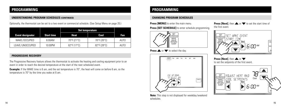 Aprilaire 8800 Understanding program schedules continued, Progressive recovery, Changing program schedules, Programming 