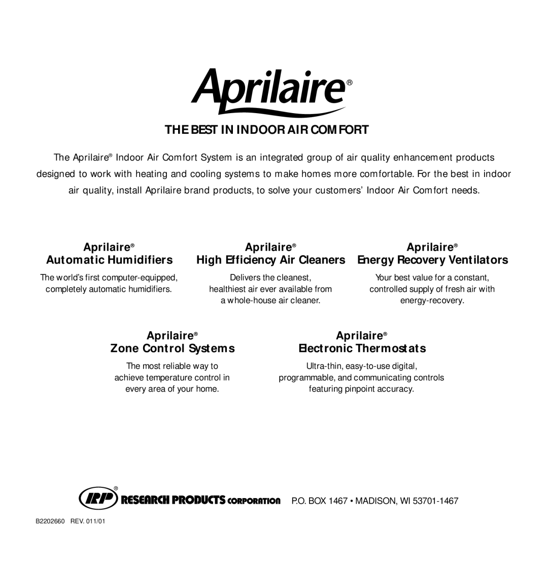 Aprilaire 8870 installation instructions Best in Indoor AIR Comfort, Aprilaire Automatic Humidifiers 