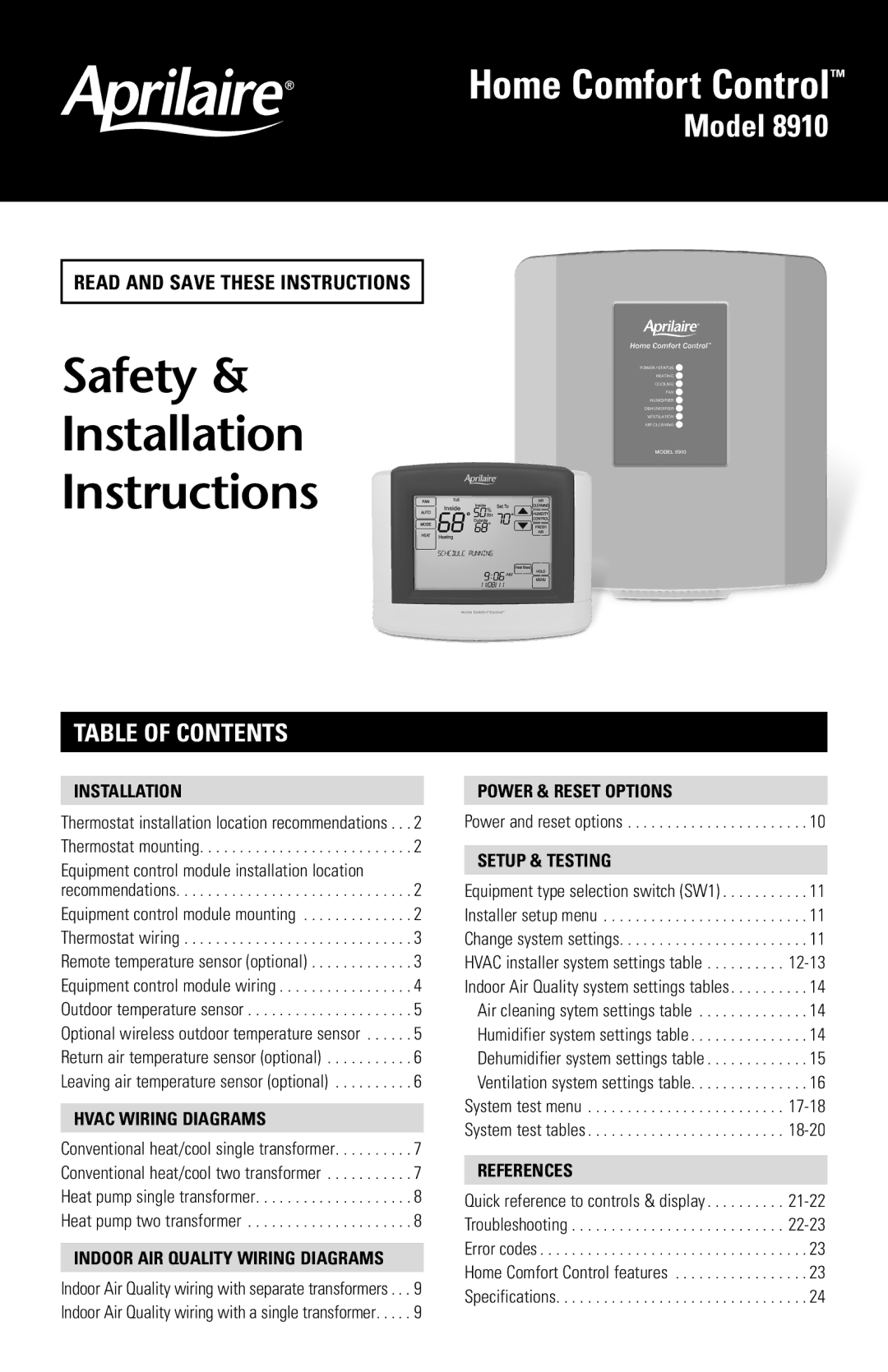 Aprilaire 8910 installation instructions Safety Installation Instructions, Table of contents 