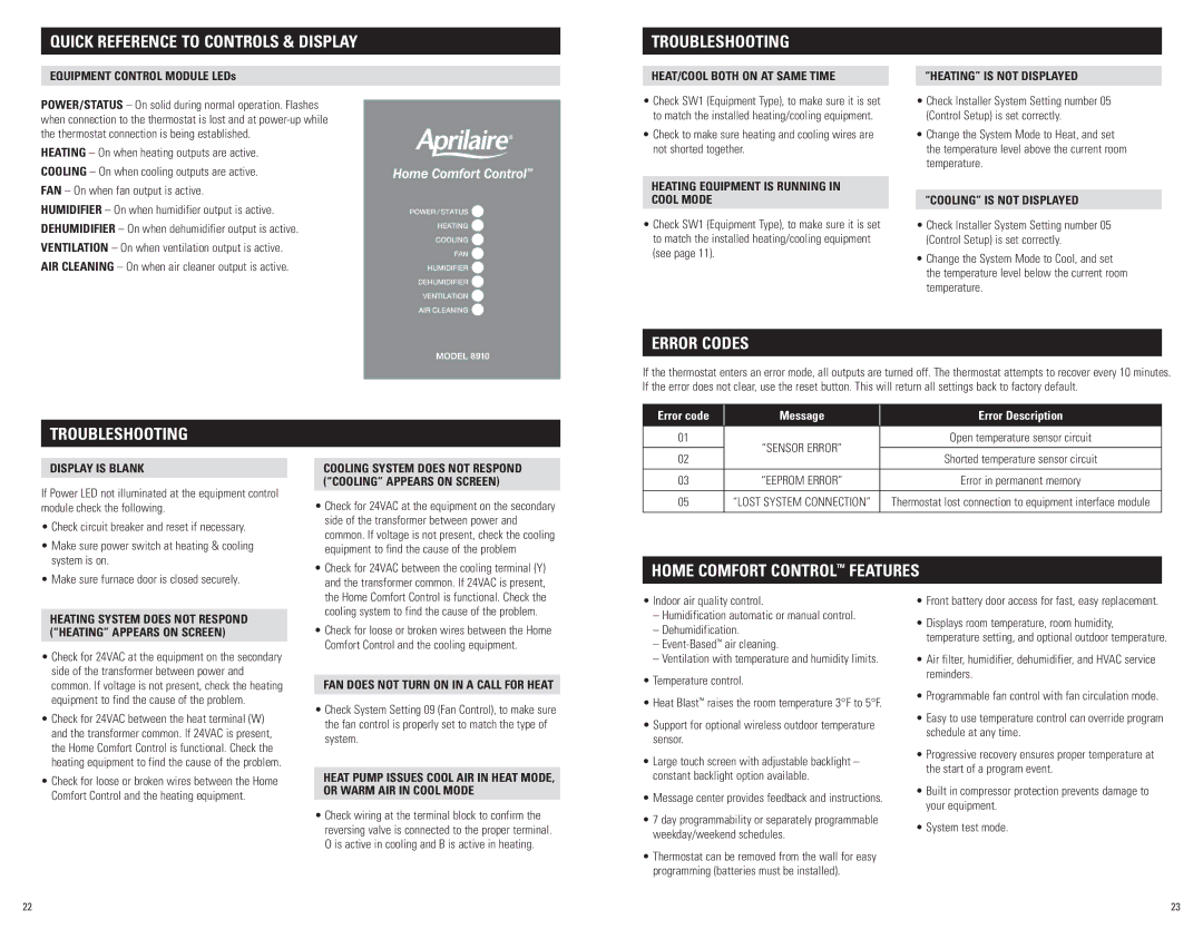 Aprilaire 8910 installation instructions Troubleshooting, Error Codes, Home Comfort Control Features 