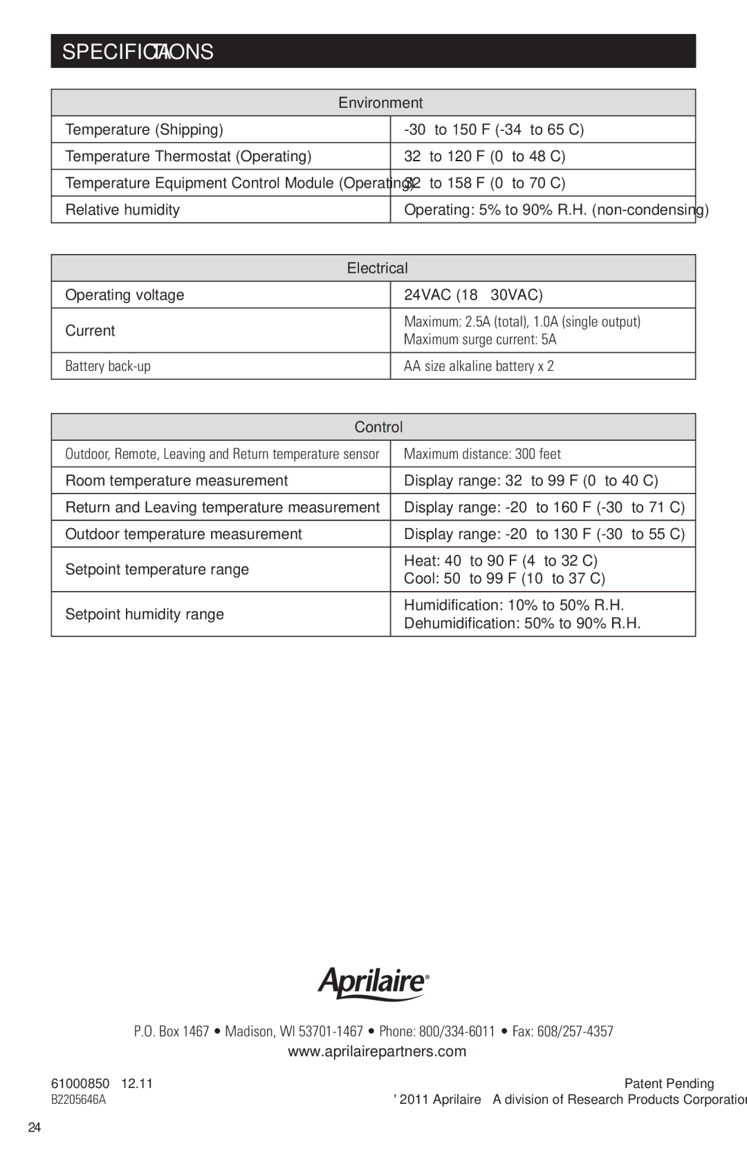 Aprilaire 8910 installation instructions Specifications, Environment, Electrical 