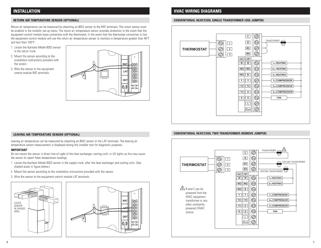 Aprilaire 8910 Return Air Temperature Sensor Optional, Conventional Heat/Cool Single Transformer Use Jumper, Powered 24VAC 