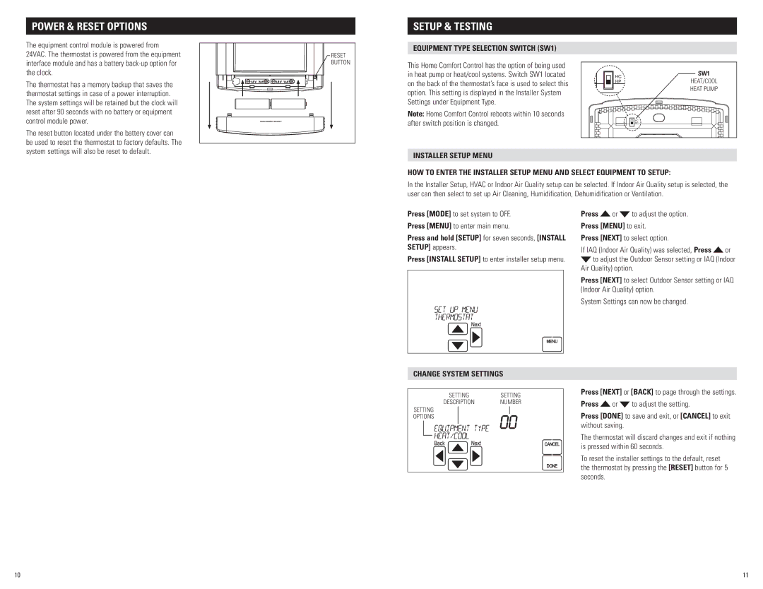 Aprilaire 8910 Power & Reset options, Setup & Testing, Equipment Type Selection Switch SW1, Change System Settings 