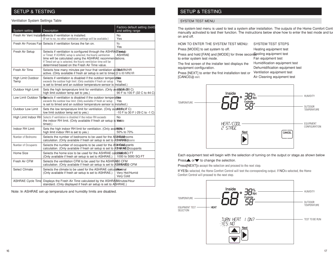 Aprilaire 8910 Ventilation System Settings Table, System test menu, How to enter the system test menu, System Test Steps 