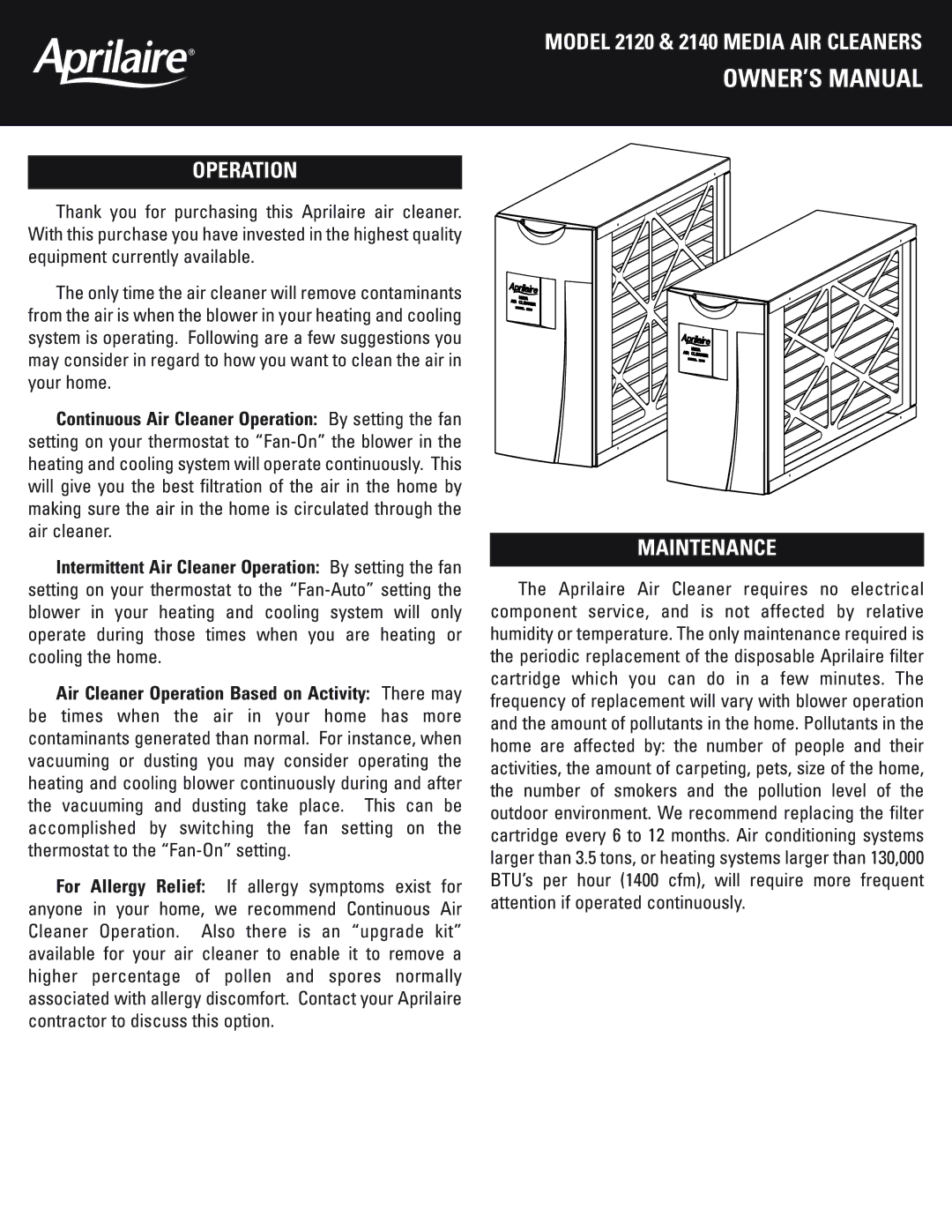 Aprilaire 2140, Air Cleaner, 2120 owner manual Operation, Maintenance 