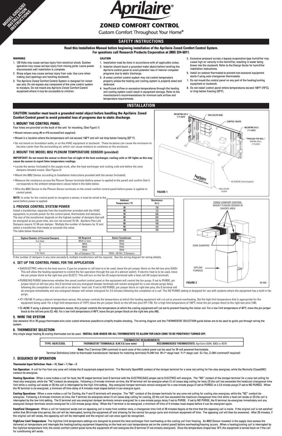 Aprilaire B2202554C installation instructions Safety Instructions, Installation, Mount The Control Panel, Wire The System 