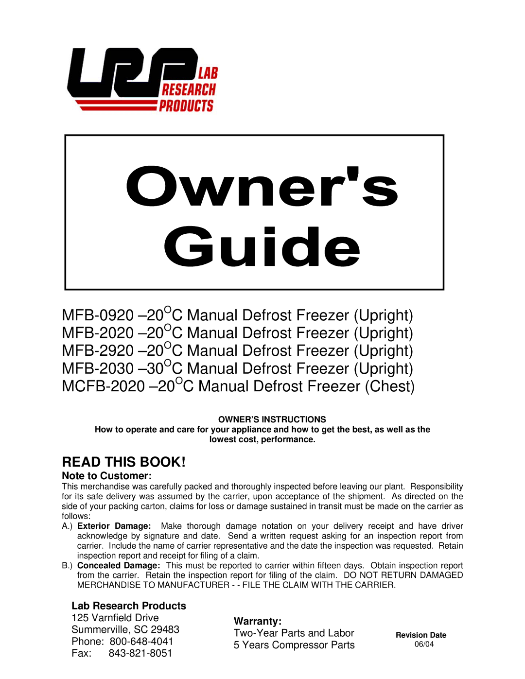 Aprilaire MFB-2020, MFB-2920, MFB-0920, MCFB-2020, MFB-2030 warranty Lab Research Products, Warranty, OWNER’S Instructions 