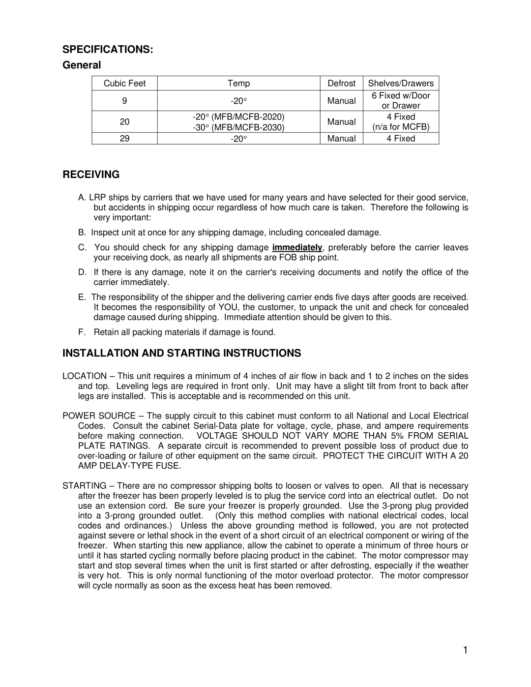 Aprilaire MCFB-2020, MFB-2920, MFB-2020, MFB-0920 Specifications, General, Receiving, Installation and Starting Instructions 