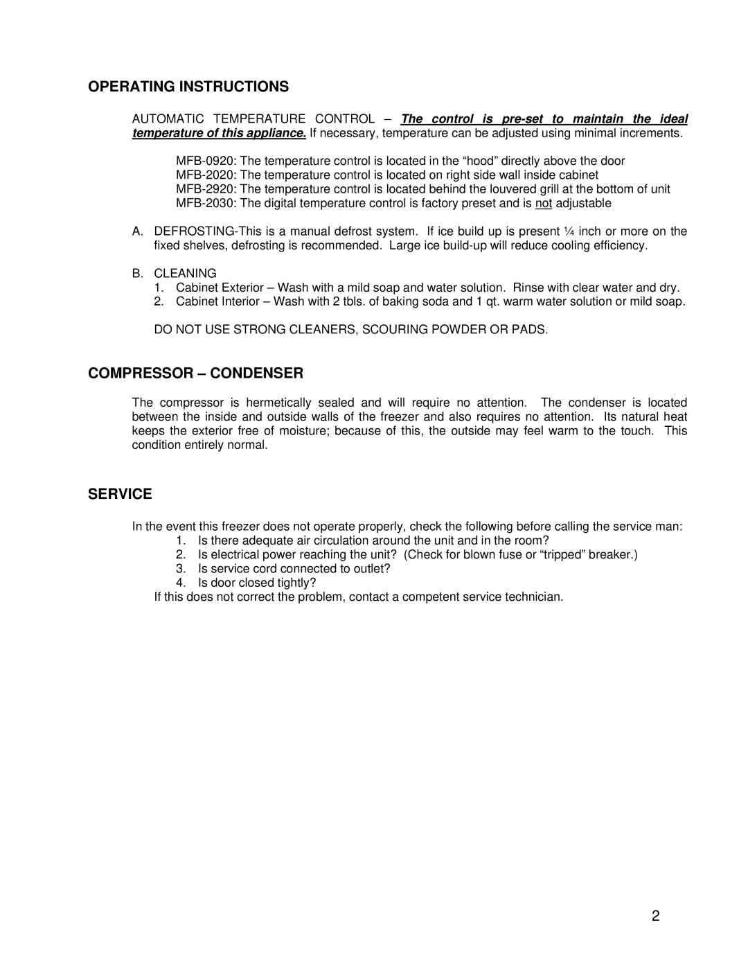 Aprilaire MFB-2030, MFB-2920, MFB-2020, MFB-0920, MCFB-2020 warranty Operating Instructions, Compressor Condenser, Service 