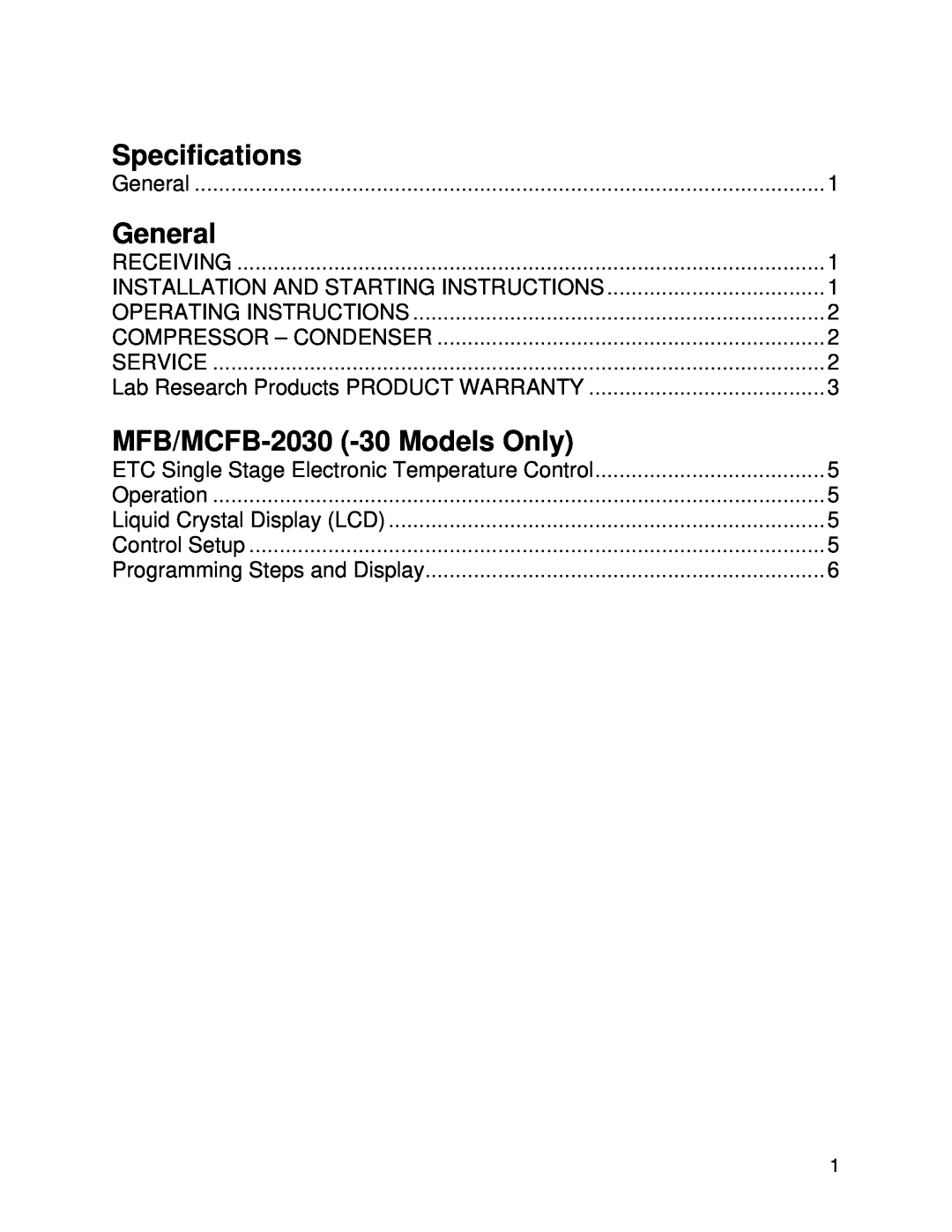 Aprilaire MFB-0920, MFB-2920, MFB-2020, MCFB-2020, MFB-2030 warranty Specifications, General, MFB/MCFB-2030 -30Models Only 