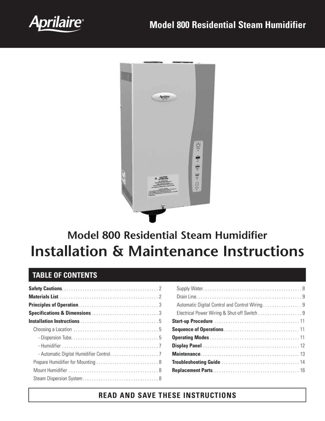 Aprilaire model 800 specifications Installation & Maintenance Instructions, Table of Contents 