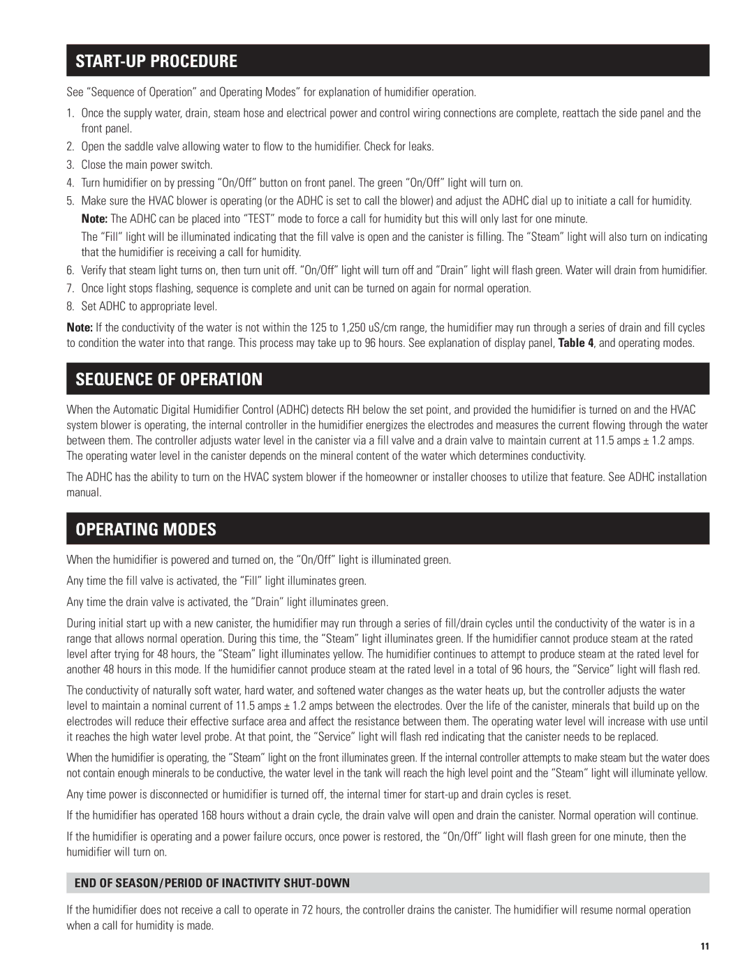 Aprilaire model 800 specifications Start-Up Procedure, Sequence of Operation, Operating Modes 