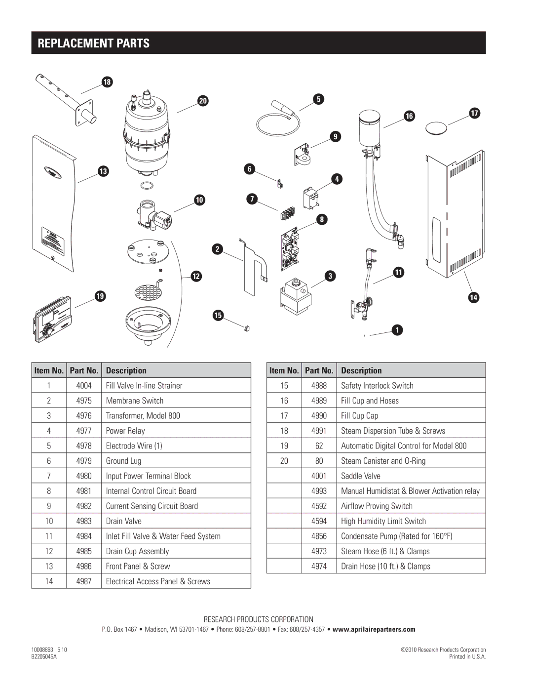 Aprilaire model 800 specifications Item No. Part No. Description, Manual Humidistat & Blower Activation relay 