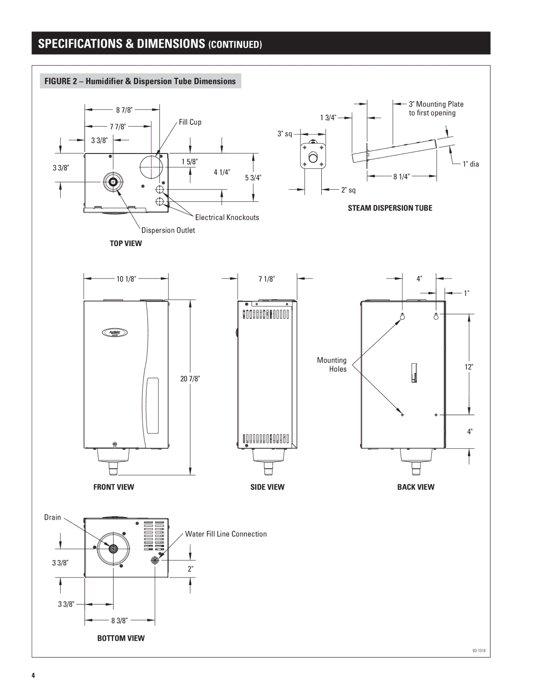 Aprilaire model 800 Mounting Plate, To first opening, Dia, Electrical Knockouts, Dispersion Outlet, 10 1/8 Mounting Holes 