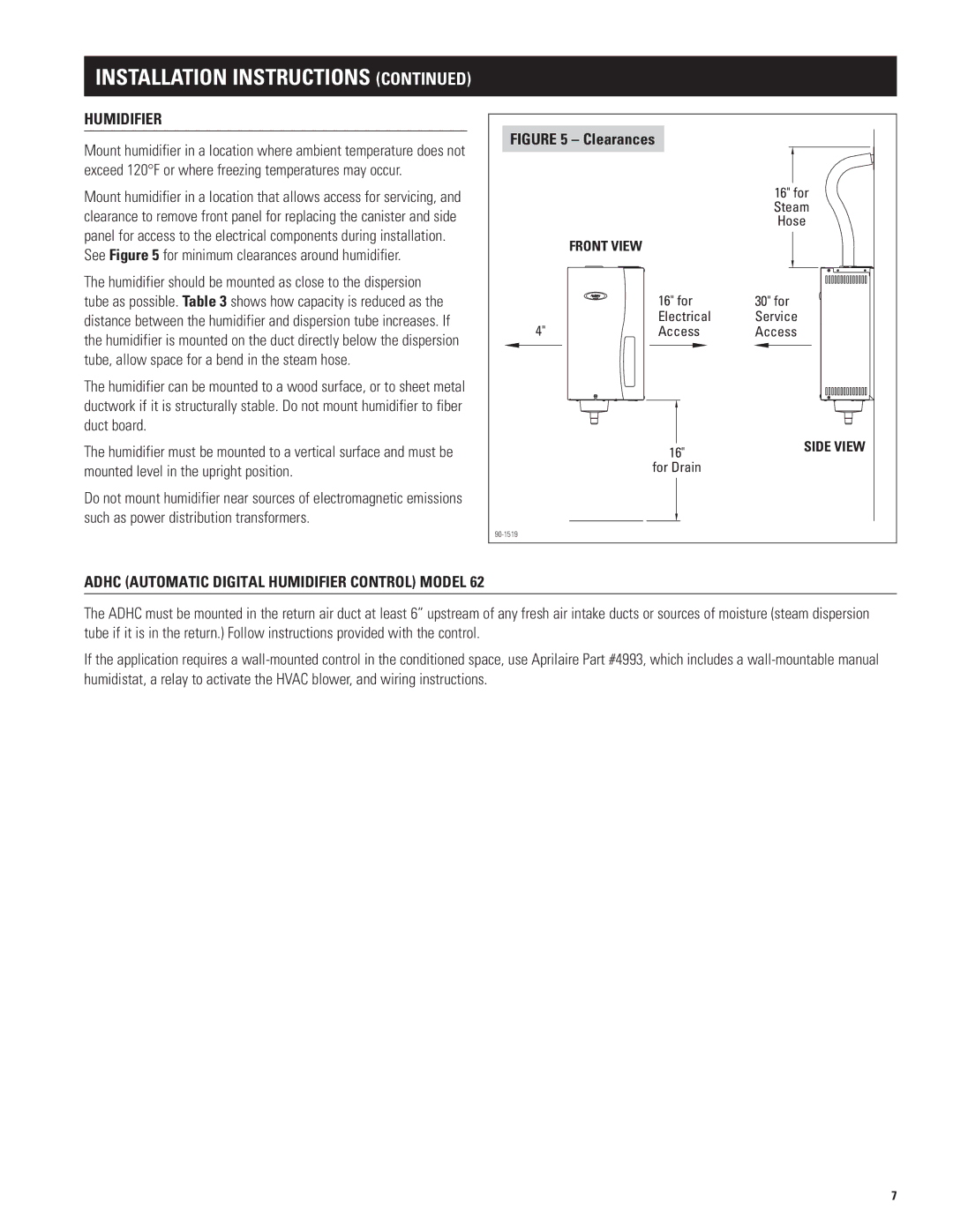 Aprilaire model 800 specifications Installation Instructions, Adhc Automatic Digital humidifier Control Model 