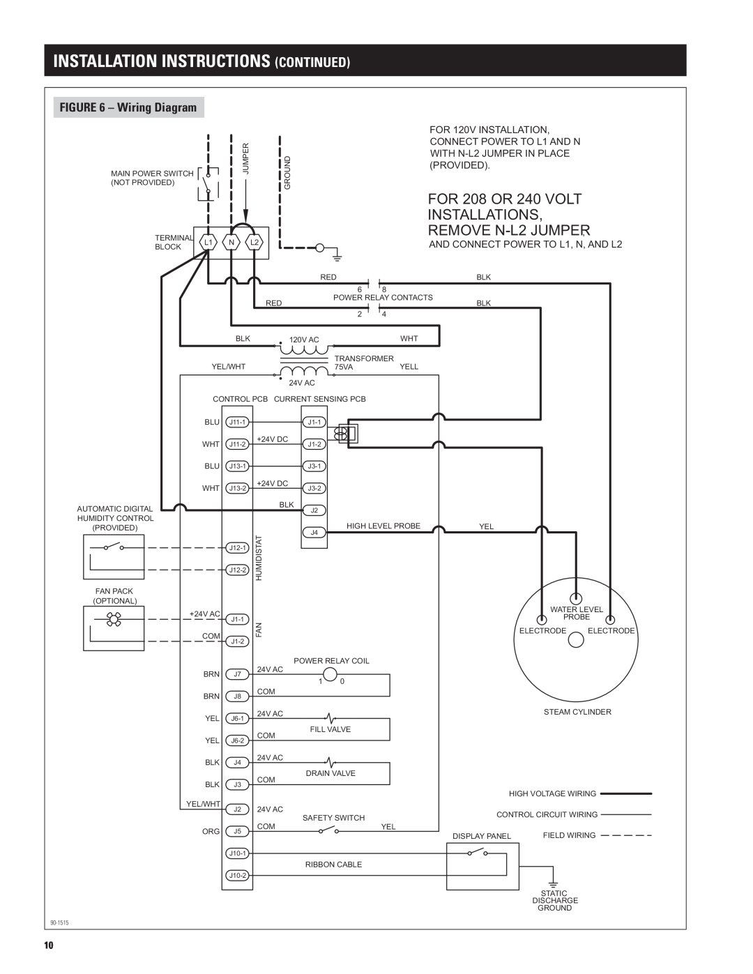 Aprilaire model 800 specifications FOR 208 OR 240 VOLT INSTALLATIONS REMOVE N-L2 JUMPER, Wiring Diagram 