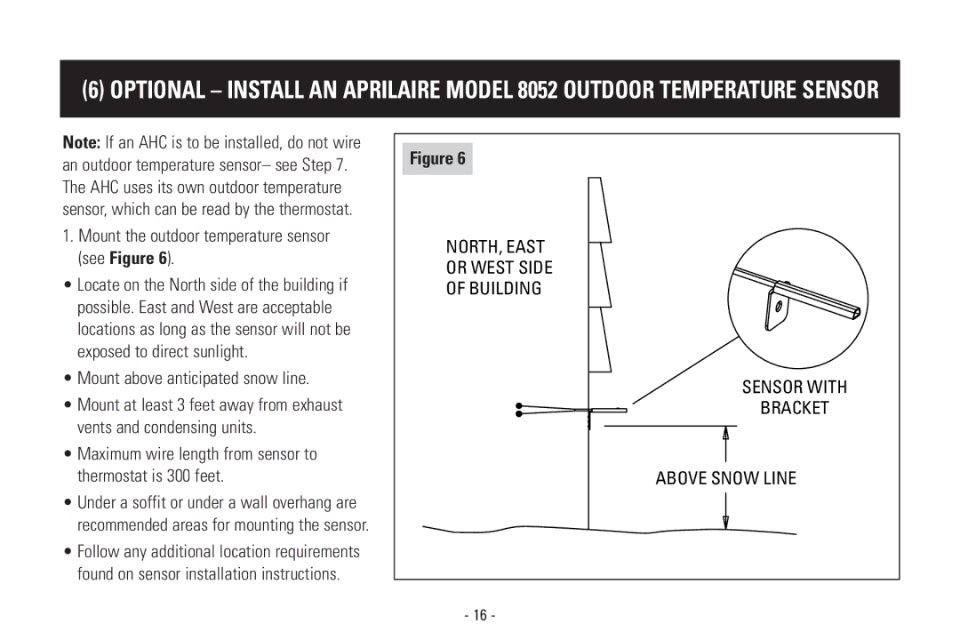 Aprilaire Model 8570 Mount the outdoor temperature sensor see Figure, Mount above anticipated snow line 