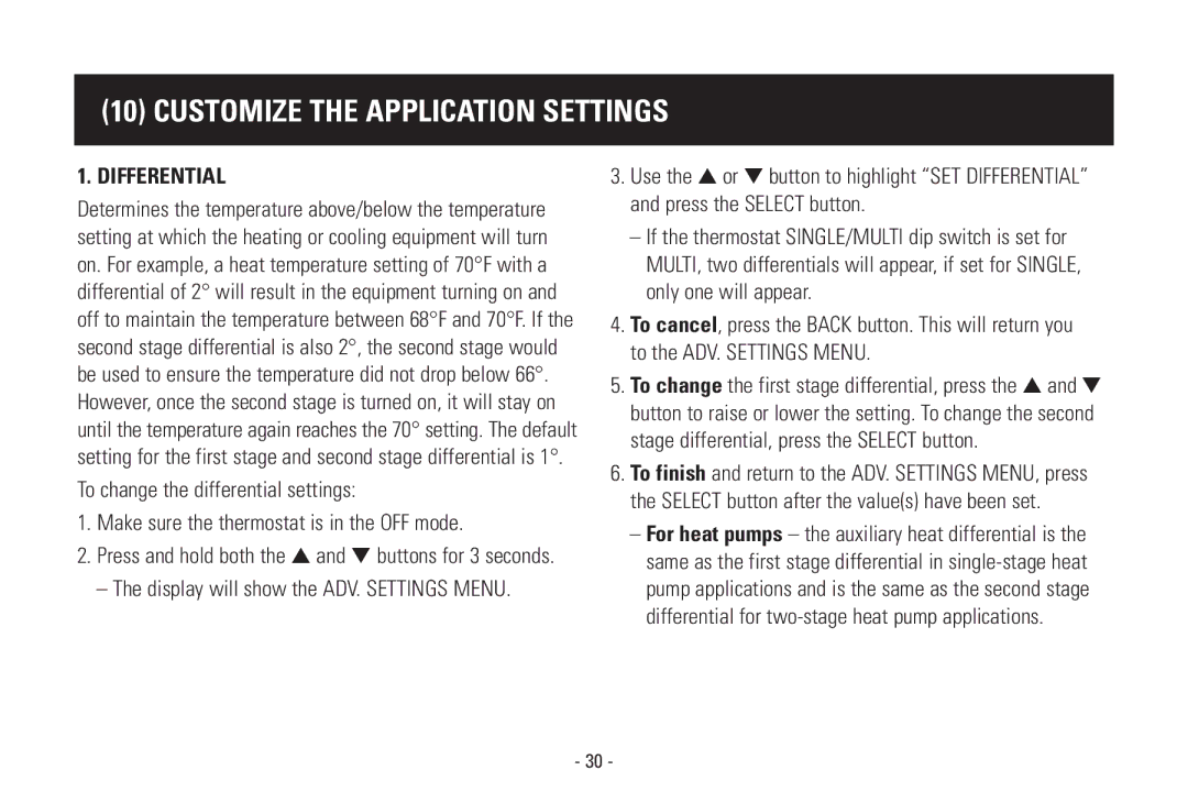 Aprilaire Model 8570 installation instructions Customize the Application Settings, Differential 