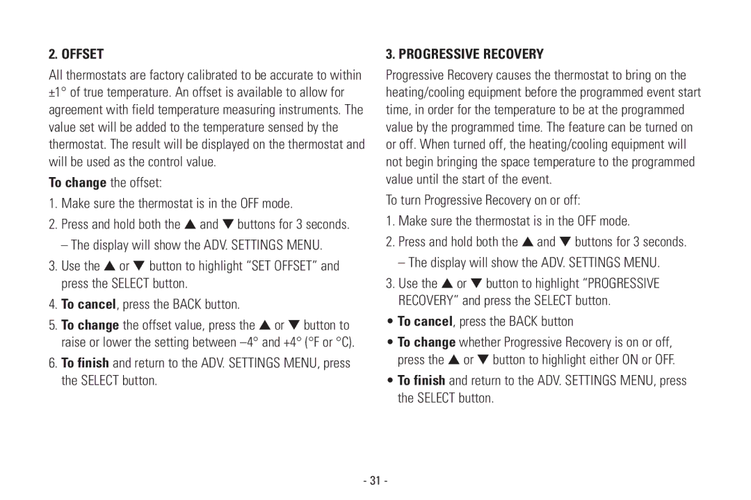 Aprilaire Model 8570 installation instructions Offset, Progressive Recovery, Display will show the ADV. Settings Menu 