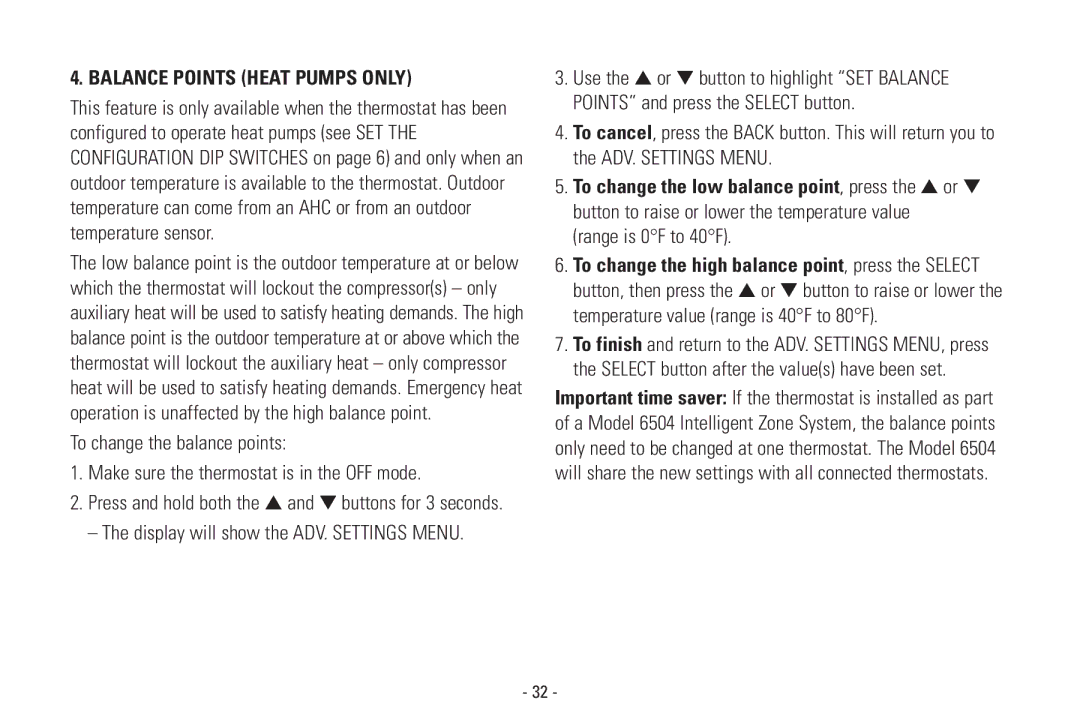 Aprilaire Model 8570 installation instructions Balance Points Heat Pumps only, Range is 0F to 40F 