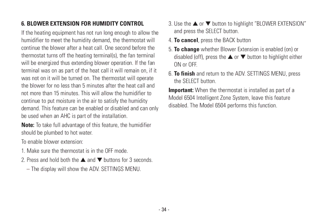 Aprilaire Model 8570 installation instructions Blower Extension for Humidity Control 