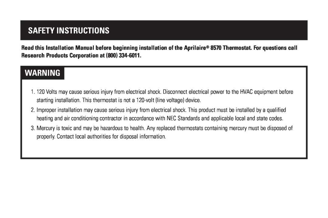 Aprilaire Model 8570 installation instructions Safety Instructions 