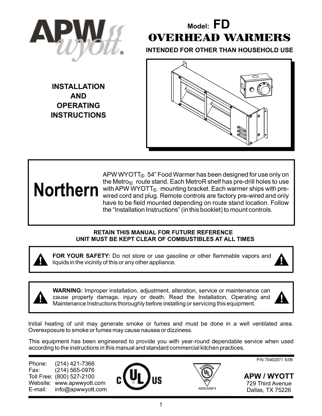 APW FD installation instructions Overhead Warmers, Installation Operating Instructions 