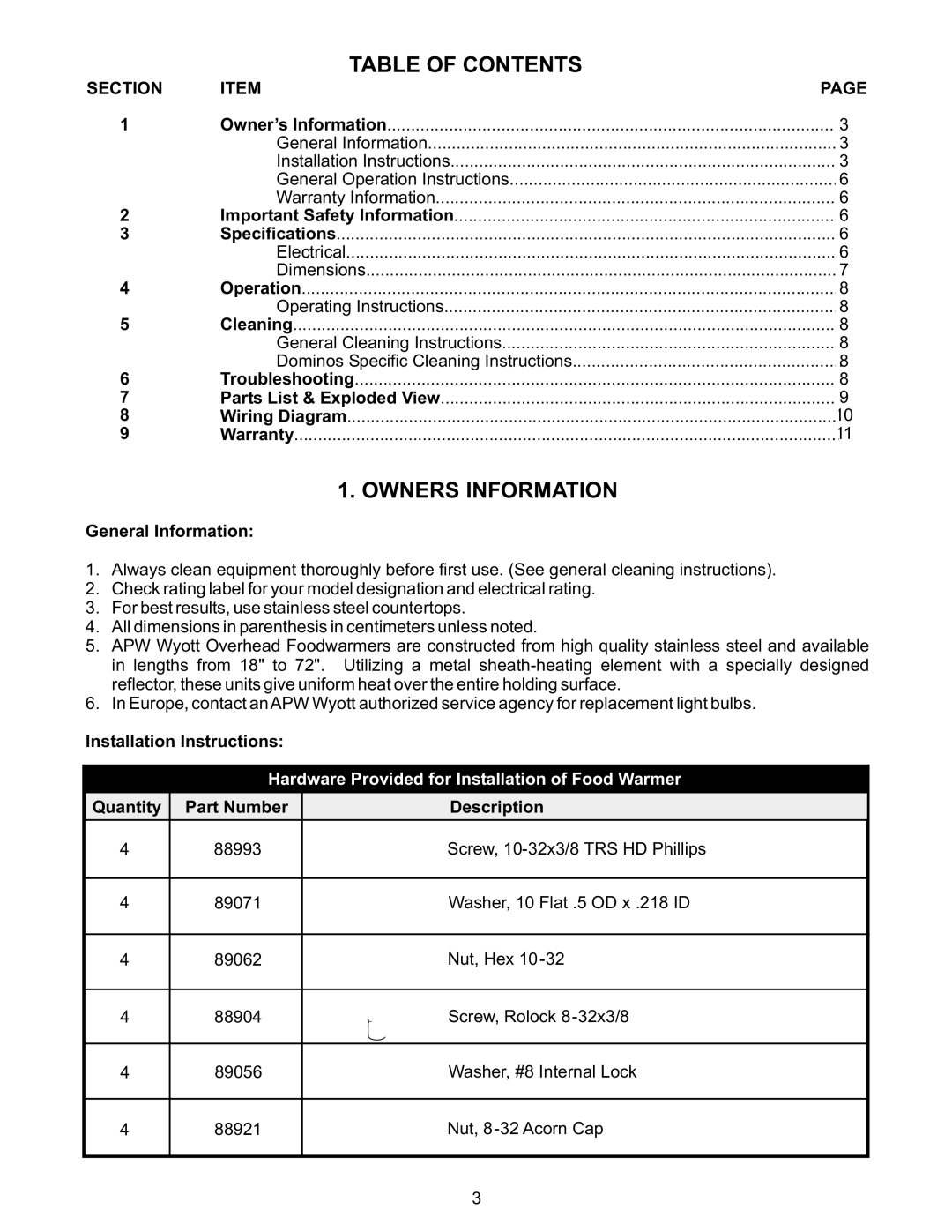 APW FD installation instructions Table of Contents, Owners Information 