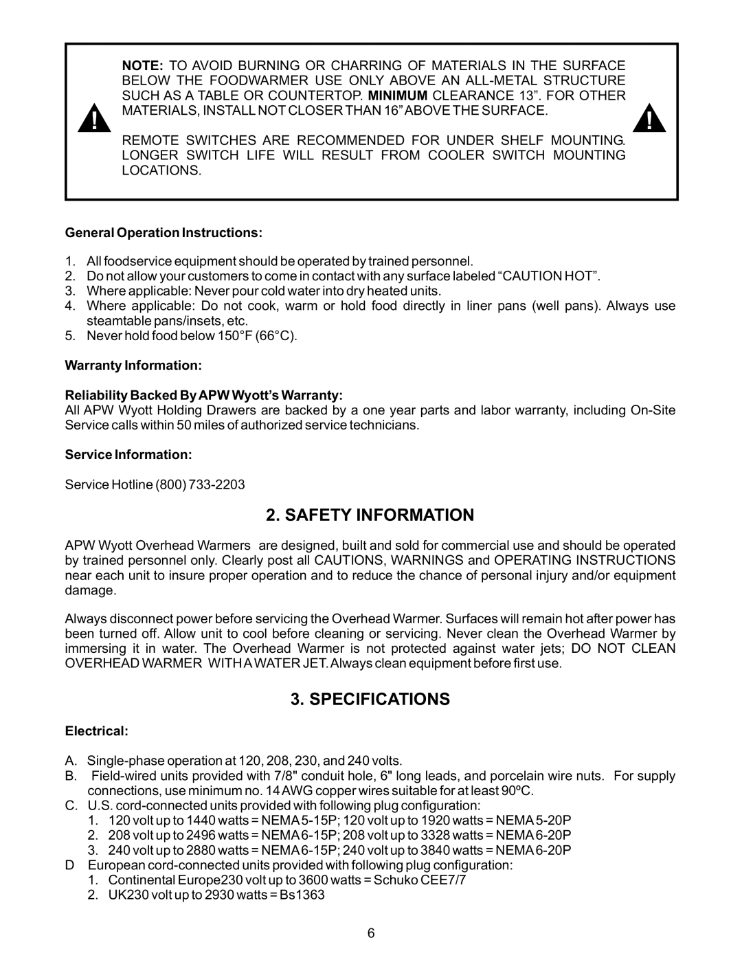 APW FD Safety Information, Specifications, General Operation Instructions, Service Information, Electrical 